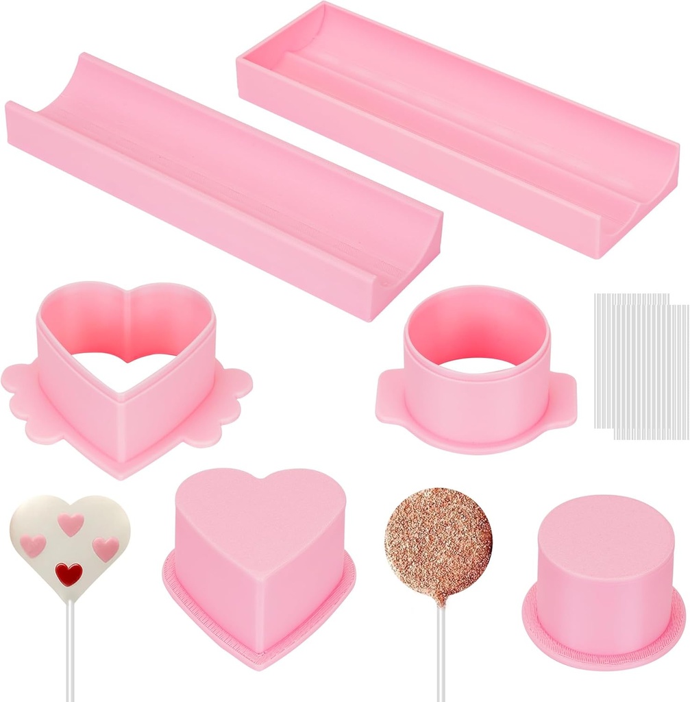 Circle and Heart Cake Pop Cutter and Pusher with 9 Inch Tray and 30Pcs Sticks Cake Pop Mold and Tray Set 3D Easy Release Design for Home Baking Cake Shop DIY Dessert Making(Pink) ﻿