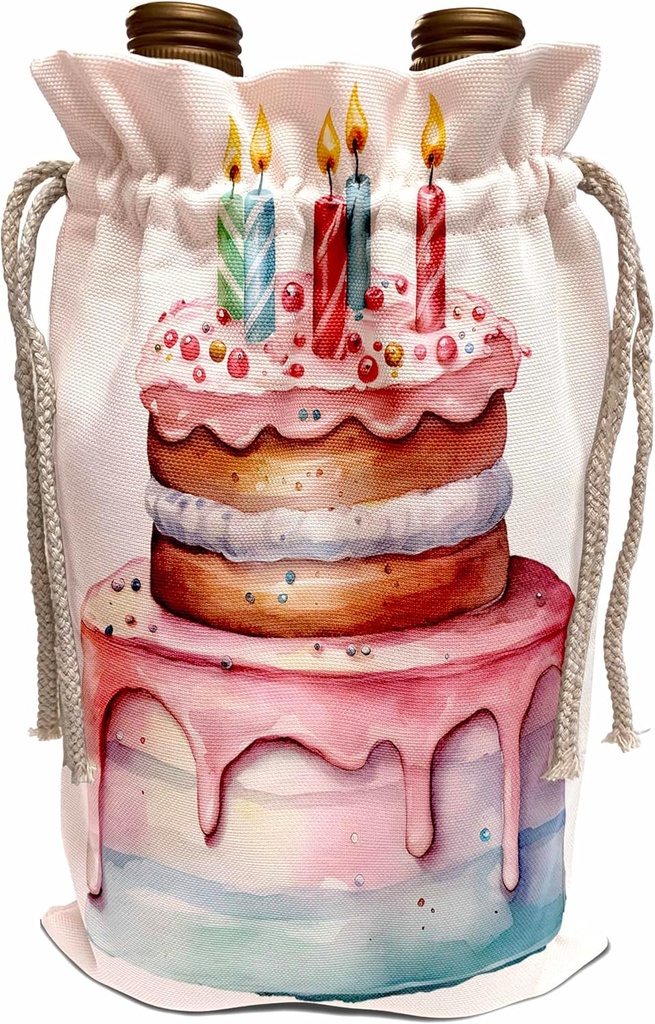 3dRose Cute Pink Birthday Cake Illustration - Wine Bags (wbg-383254-1)