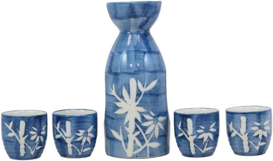 Set Of 1 Porcelain Blue Jeans & White Bamboo Japanese Sake Rice Wine Flask And 4 Cups
