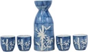 Set Of 1 Porcelain Blue Jeans & White Bamboo Japanese Sake Rice Wine Flask And 4 Cups