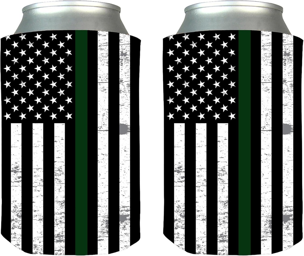 Rogue River Tactical Thin Green Line Flag Collapsible Beer Can Bottle Beverage Cooler Sleeves 2 Pack Gift for Federal Officer or Military Veteran