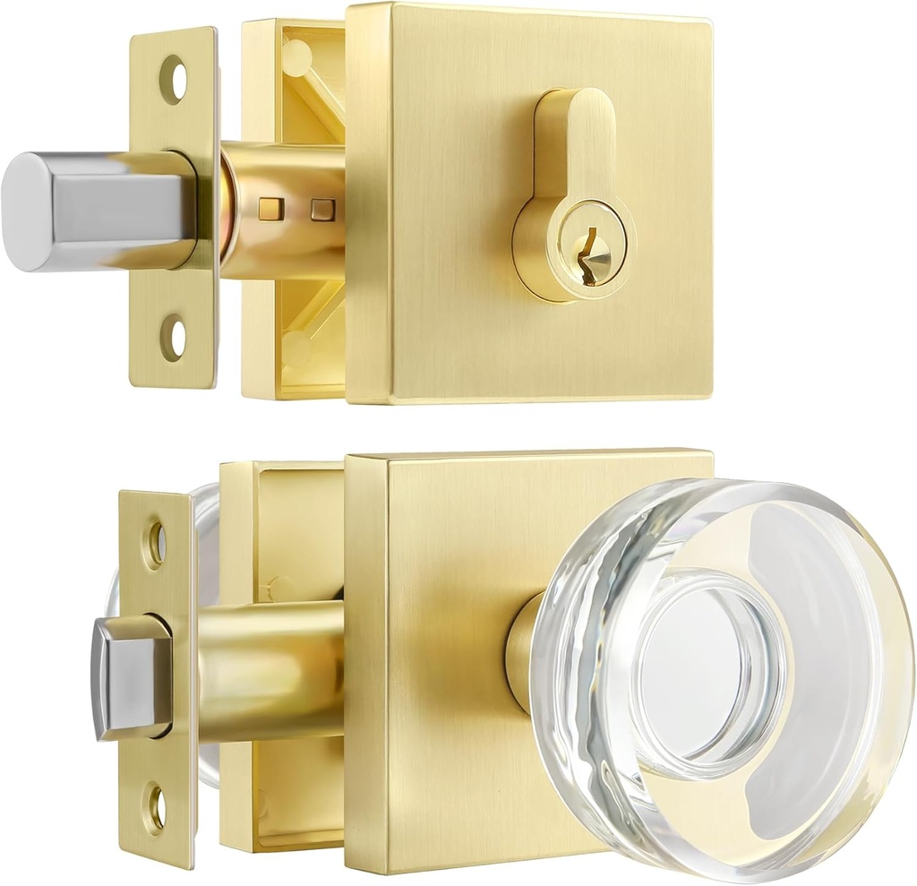 1 Pack Brass Combo Sets,Gold Crystal Door Knobs Interior,Modern Glass Door Knob with Single Cylinder Deadbolt,Satin Brass Finished