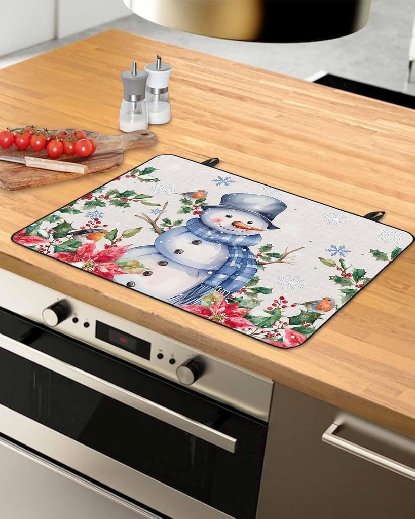 Christmas Countertop Burners Protection Mats for Kitchen, Snowman with Cap Floral Snowflakes Rubber Stove Top Cover Mat, Heat Proof Mats Cooktop Cover for Counter Dish Drying Mat, 28.5"x20.5"