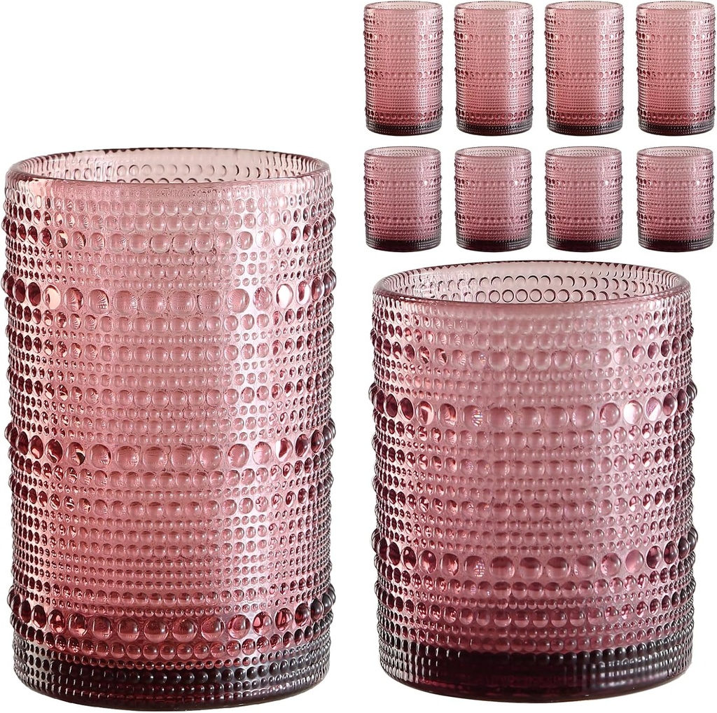 Vintage Hobnail Drinking Glasses Set of 8,Purple 12 oz & 15oz Highball Glass Cups, Kitchen Drinkware Glassware,Embossed Water Tumbler,for Beer,Cocktail,Whiskey,Juice and Various Mixed Drinks