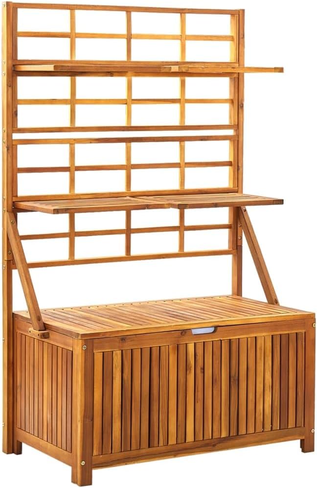 vidaXL Patio Storage Box with Integrated Trellis - Versatile Outdoor Furniture made of Solid Acacia Wood – Adjustable Shelves, Water-Resistant Bag Included – Perfect for Storage, Plant Stand