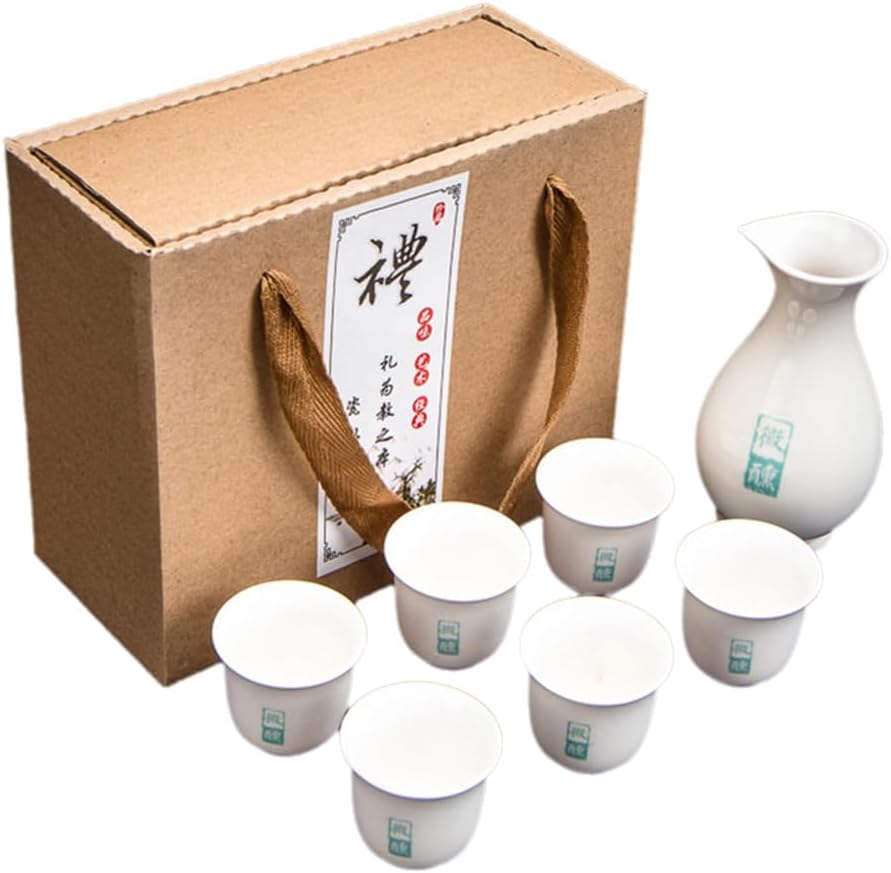 Ceramic Traditional Japanese Sake Set Gift Box Set of 7 Pieces Hand Crafted and Painted Traditional Retro Japanese Ceramic Sake Cups Set with 6 Sake Cups 5 Sake Pot