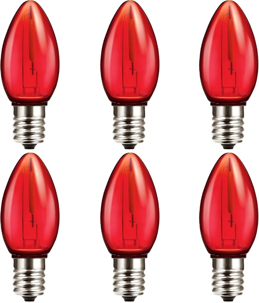 C7 RED Replacement Light Bulbs, Shatterproof LED Light Bulb for Outdoor Indoor Decoration String Lights, E12 Candelabra Base, 0.6Watt Equivalent to 7Watt Incandescent Bulb, Non-Dimmable, Pack of 6