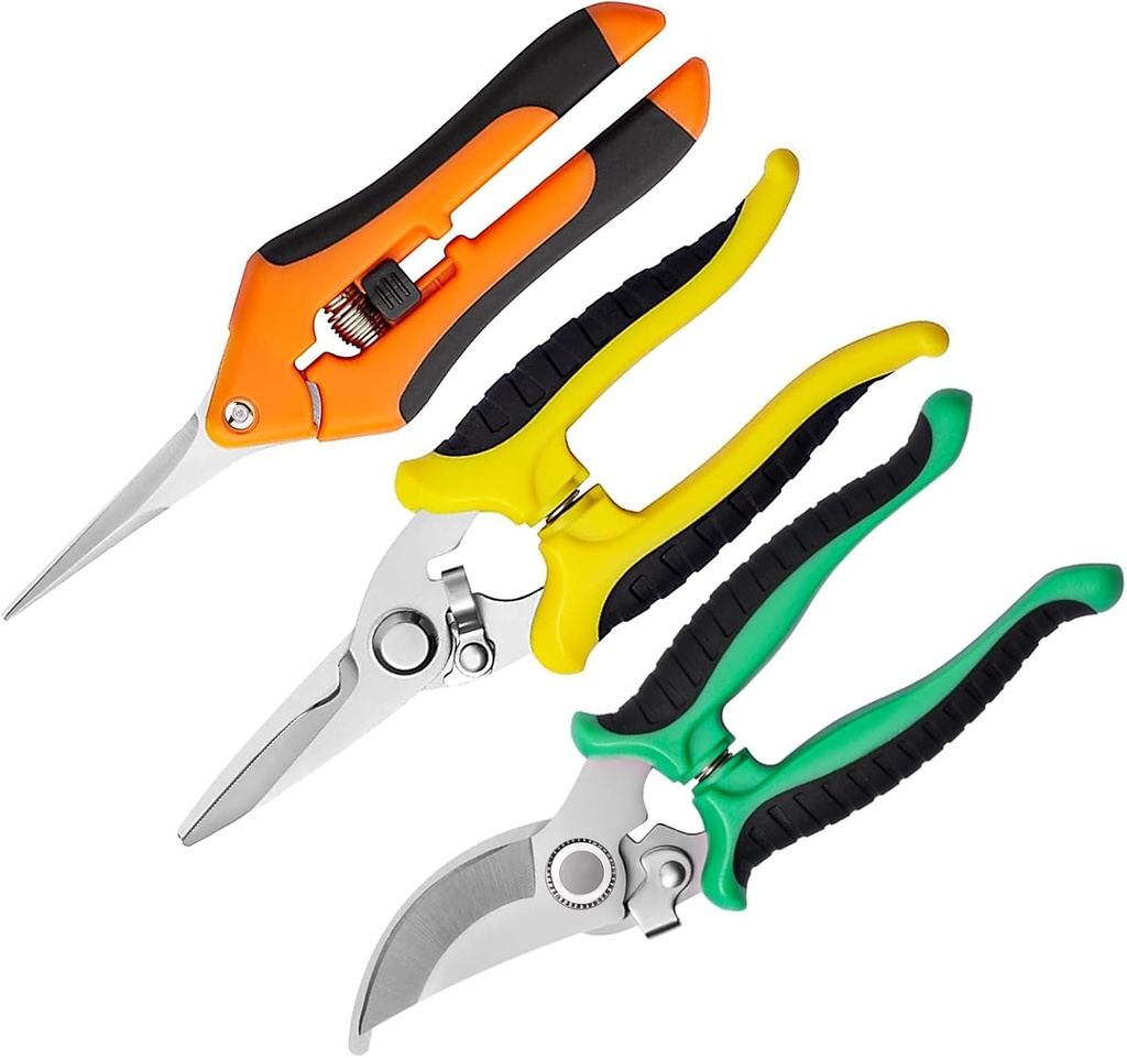 3 Pack Garden Pruning Scissors, Stainless Steel Garden Shears Set, Gardening Shears, Clippers, Handheld Pruners Set, Pruning Shears for Gardening, Tools Scissors with Soft Grip Handle