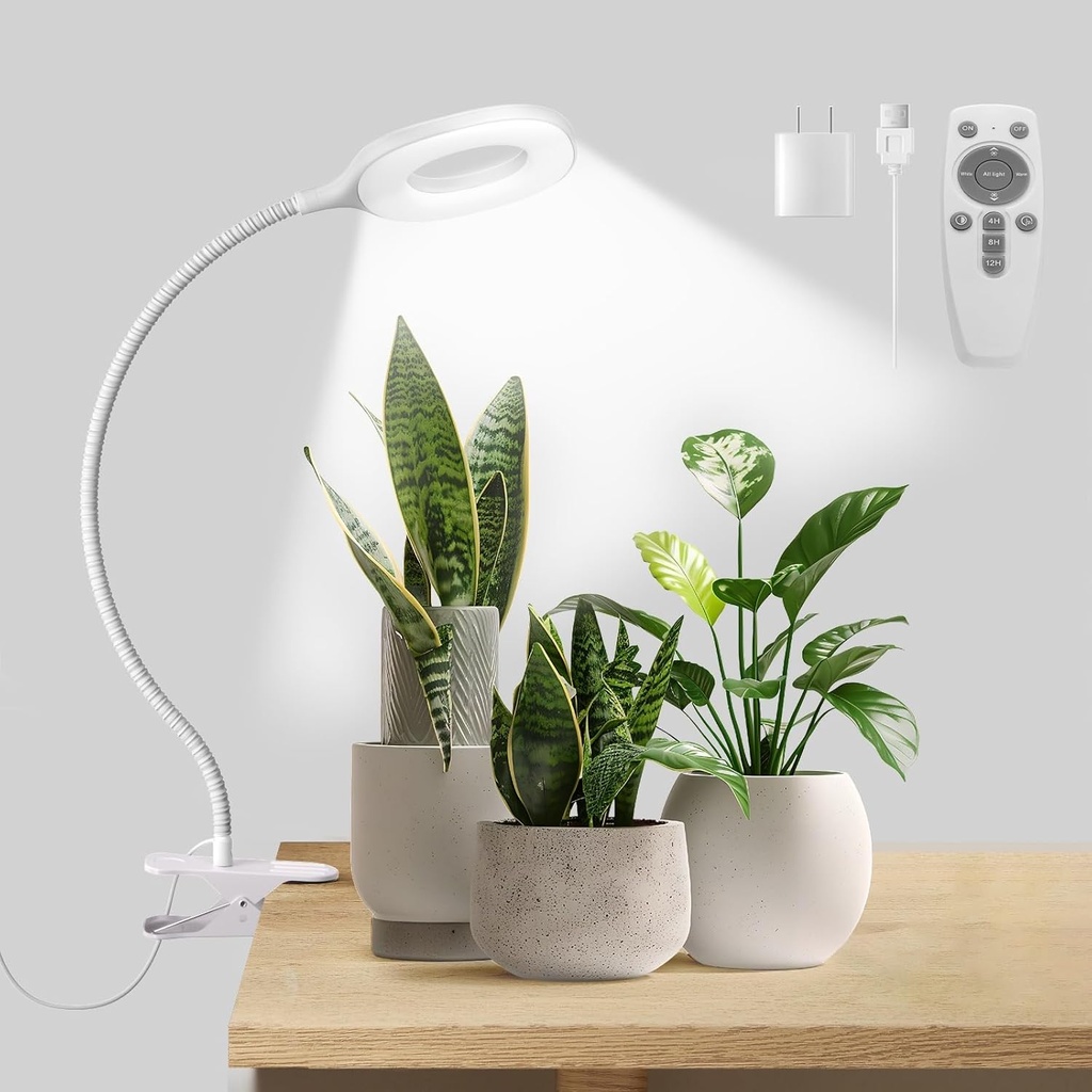 Grow Lights for Indoor Plants Full Spectrum, Clip On Plant Light for Small Plants, Plant Lamp with Adjustable Gooseneck, 4/8/12H Timer, 3 Color Adjustable & 10 Dimmable Brightness, Remote Control