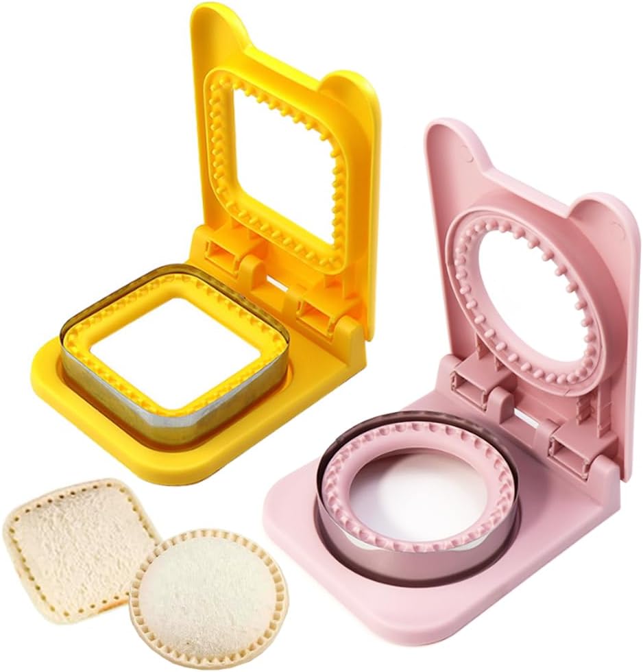 Sandwich Molds Cutter and Sealer, Sandwich Maker Sandwich Cutter and Sealer for Kids, Bread Sandwich Cutter Circle Square, Great for Lunchbox and Bento Box (Pink+Yellow)