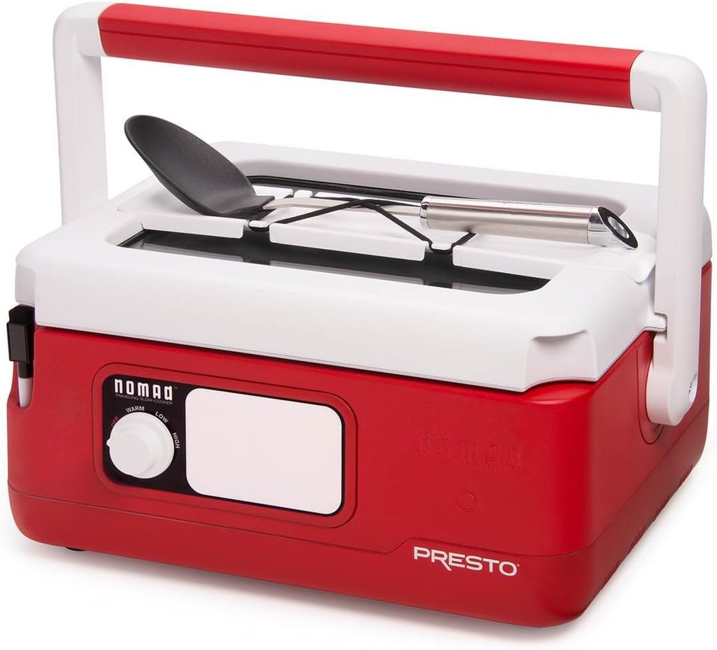 Nomad Red Spill-Proof Portable Slow Cooker, 3-Setting Touch Control, Oval, Stainless Steel