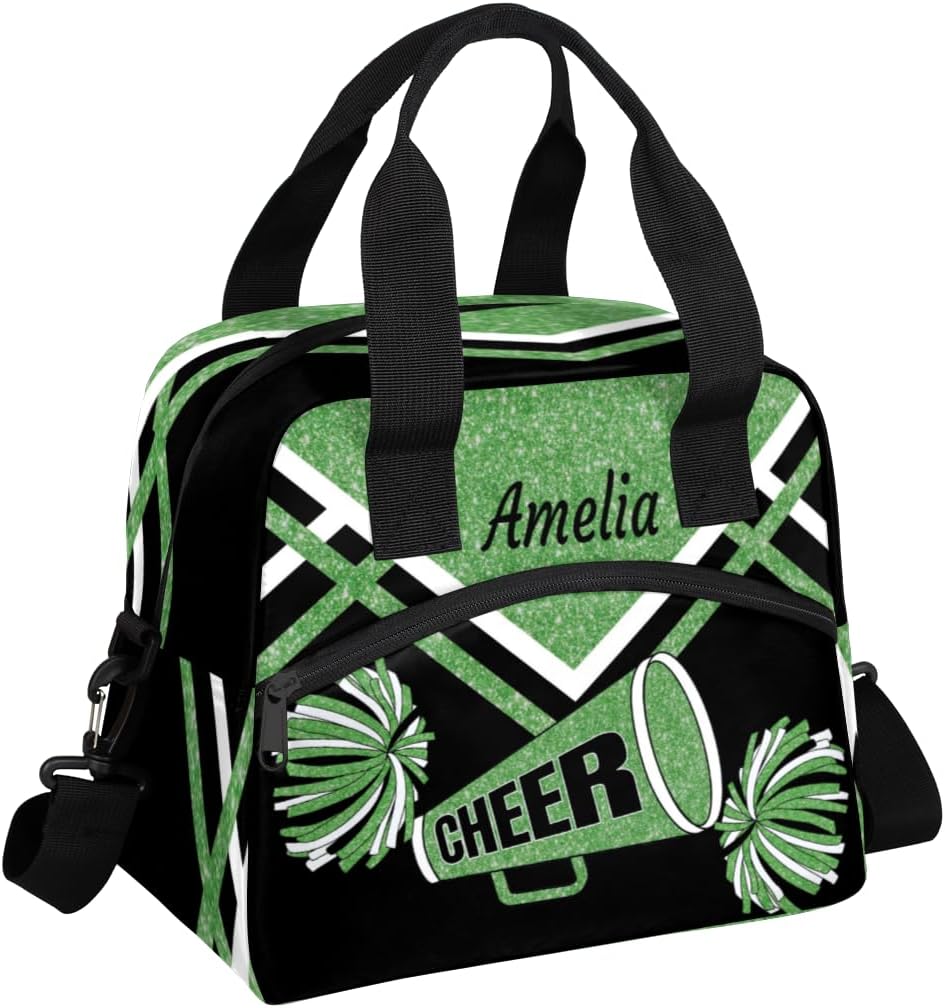 Custom Lunch Bag With Name for Women, Green Black Glitter Bling Cheerleader Personalized Insulated Box Food Tote Container for Work Picnic Hiking Daytrip