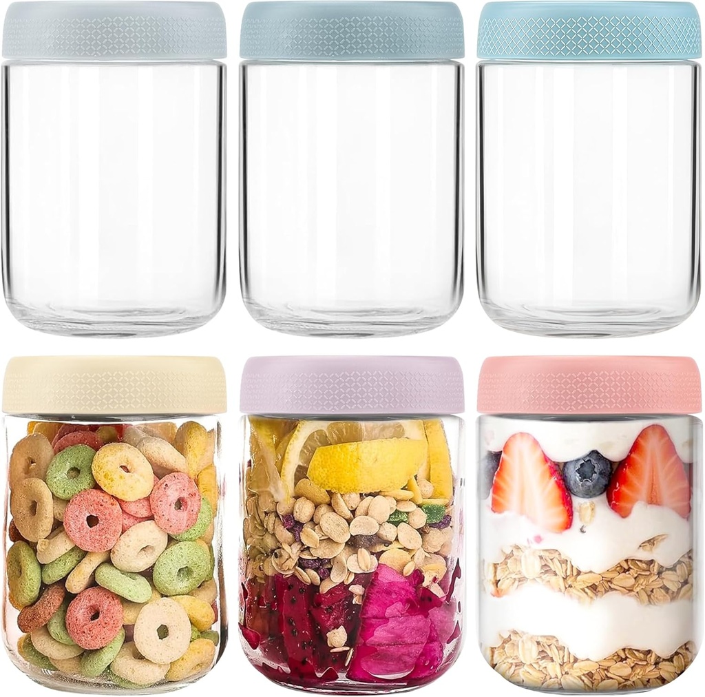 6-pack Overnight Oats Containers with Lids, 16oz Clear Glass Jars with Airtight Lids, Wide mouth Mason Jars, Food Storage Containers for Meal Prep Chia Spice Cereal Snacks Yogurt Salad Pudding Sugar