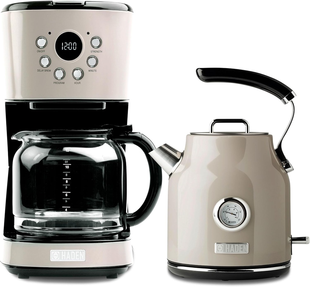 HADEN Coffee Machine, 12 Cup Drip Coffee Maker Bundled with Dorset 1.7 Liter Stainless Steel Electric Hot Water Kettle, Putty & Chrome
