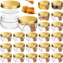 Suclain 24 Pcs 3 oz Mini Wide Mouth Plastic Jars with Lids Small Canning Yogurt Jars and Tags for Jelly, Jams, Honey, Spice, Wedding Favors. Included 1 Roll of Rope and 60 Labels(Gold)