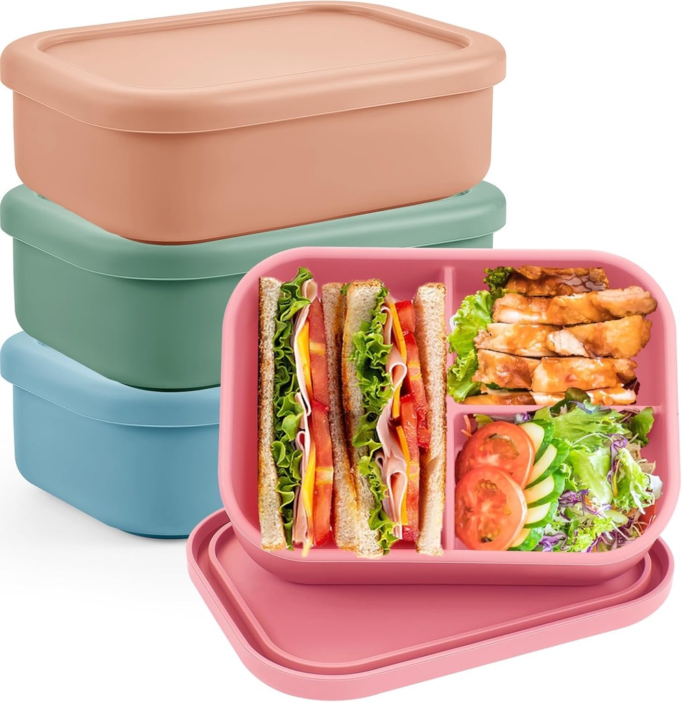 Layhit 4 Pcs Silicone Bento Box Reusable Silicone Bento Lunch Container for Adults Microwave Dishwasher Freezer Safe (3 Compartments,Dark Colors)