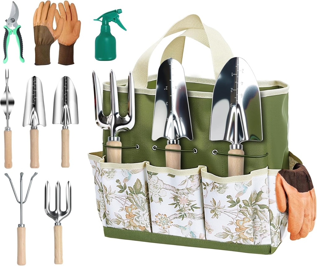 9-Piece Garden Tool Set, Heavy Duty Gardening Hand Tools with Wood Handle, Including Garden Tote, Gloves, Durable Stainless Steel Garden Tools, Gardening Gifts for Women, Mom, Men