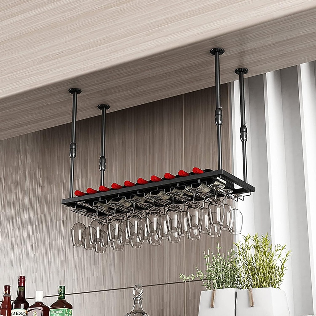 Hanging Wine Rack | Adjustable Width and Height | Wrought Iron Floating Rack | Retro Country Style | Kitchen Restaurant Bar Wine Cellar Storage Room Storage Rack | Length 100/120cm