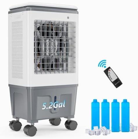 ROVSUN 5.2Gal Portable Swamp Cooler, 1400CFM Evaporative Air Cooler, 3-IN-1 Cooling Fan with Remote Control, 12H Timer & 4 Ice Box, 3 Speeds, Humidifying Oscillating Fan for Indoor or Outdoor