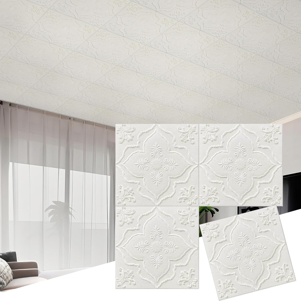 Ceiling Tiles Foam 13.8x13.8 inch, 16 Pcs Covering 21 sq.ft Self-Adhesive Waterproof Peel and Stick Ceiling Tiles for Interior Wall Decor, Floral Pattern