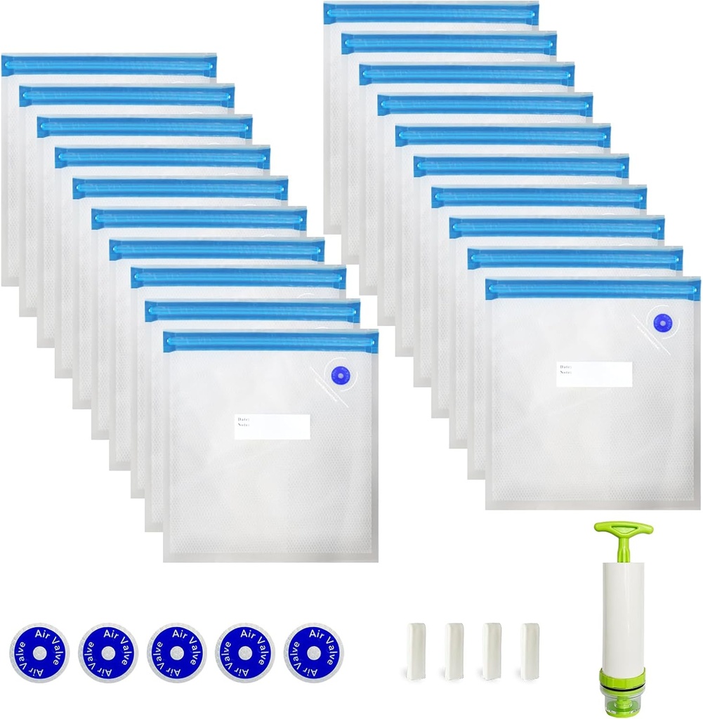 Vacuum Seal Bags For Clothing, Food Grade Vacuum Sealed Bags for Cooking/Food Storage/Microwave Heating. Includes manual vacuum sealer, 20 Reusable Vacuum Zipper Bags & 4 Seal Clips & 5 Air Valves.