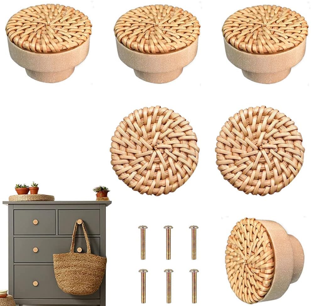 Boho Rattan Dresser Knobs for Girls Kitchen Cabinet knobs and pulls Wicker Woven Decorative Dresser Handles Round Wooden Knobs for Cabinets and Drawers 6 Pcs (Natural Colours)