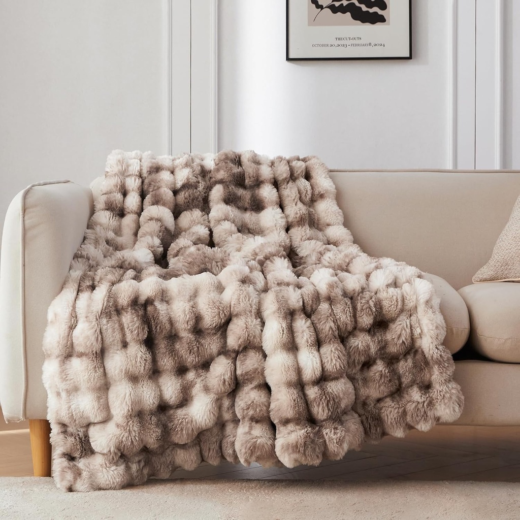 COOVA Faux Fur Throw Blanket for Couch, Cozy Soft and Fuzzy Plush Rabbit Fur Bubble Blanket for Sofa Bedroom Living Room, 50x60 Inches Tie Dye Brown