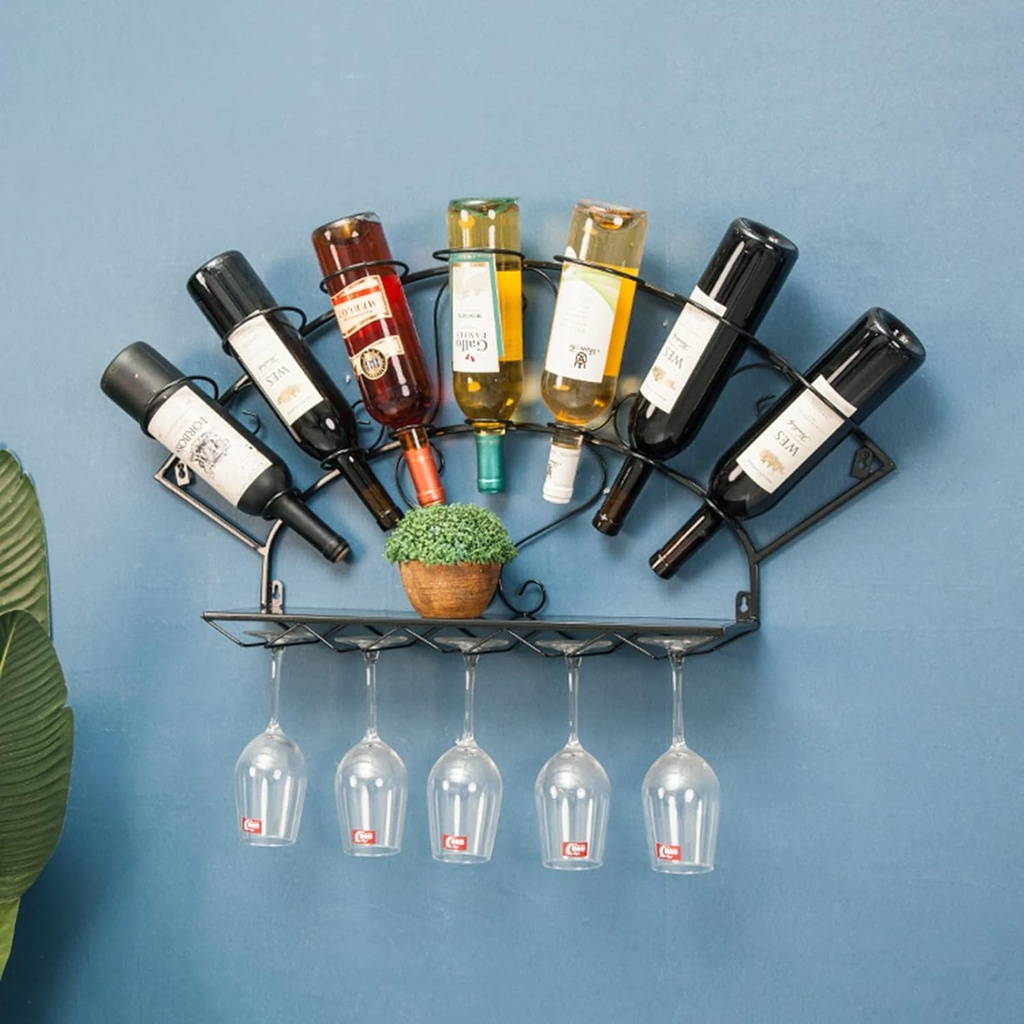 Wall Mounted Wine Rack with Glass let Holder, Metal Hanging Wine Holder Bar Wine Cellar Kitchen Counter Floating Storage Display Shelves