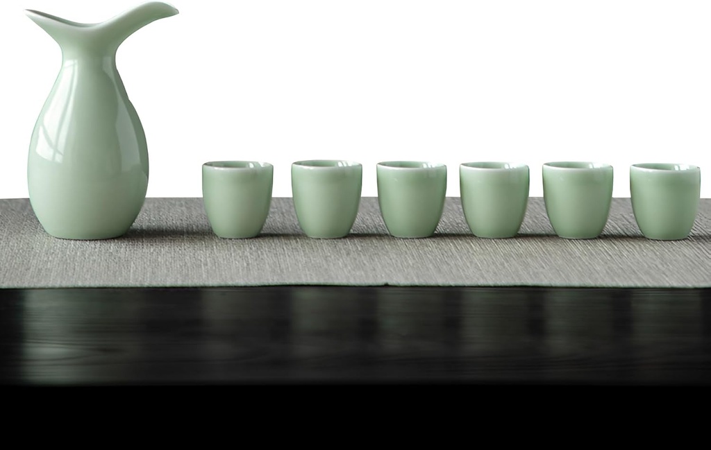 Ceramic Sake Set, Japanese Sake Set Traditional, Sake Set of 7, 1 Tokkuri Bottle (6.4 oz) and 6 Ochoko Cups (0.7 oz), Retro style, Solid Color Glazed Surface, for Hot or Cold Sake