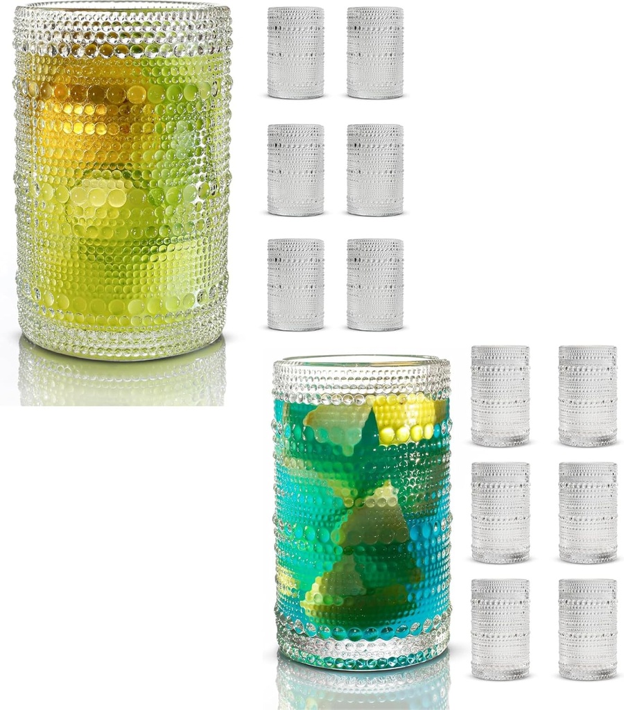 Set of 12 Hobnail Drinking Glasses 14.54oz x 6 Glass plus 12.5 OZ x 6 Glass Jupiter Glasses for Juice, Soda, Cocktail, Beer Whisky and more