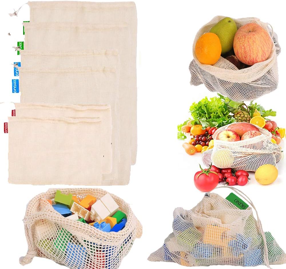 Reusable Mesh Produce Bags, Organic Cotton Eco Friendly Washable Durable Bags Set of 6pcs Drawstring Bags for Vegetable Fruit Storage Grocery Shopping Toys