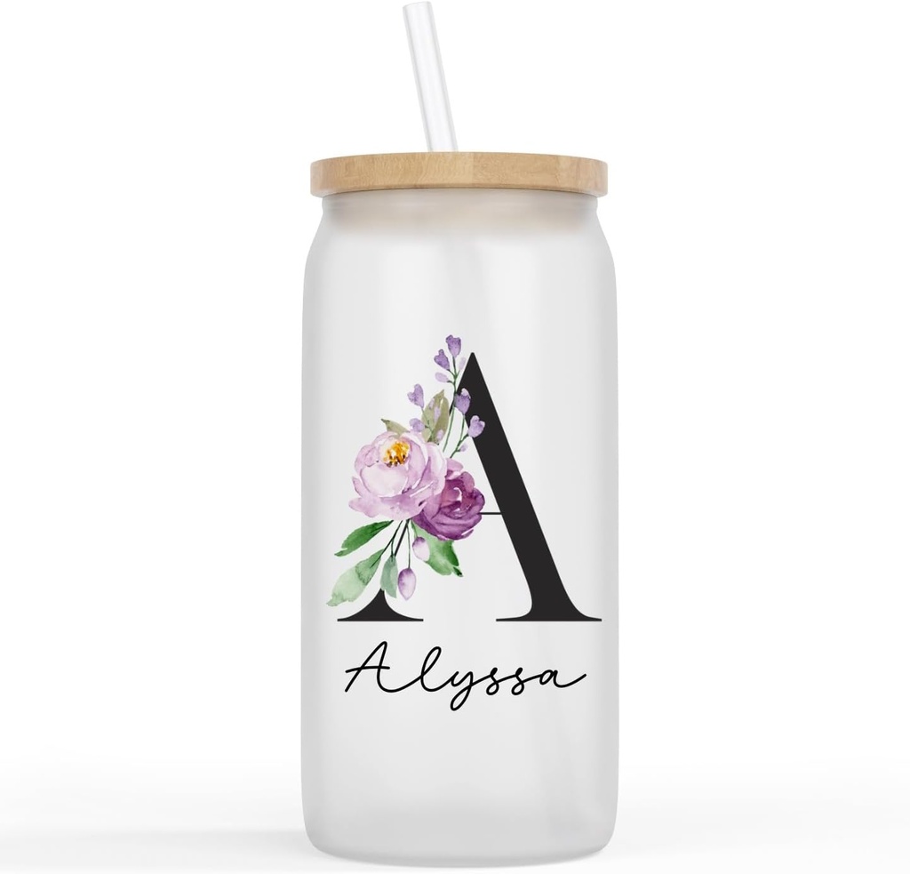 Personalized Floral Monogram Coffee Cup With Name, Glass Tumbler, Bridesmaid Proposal, Gifts for Her, 16oz Glass Iced Tea Coffee Cup With Lid And Straw.
