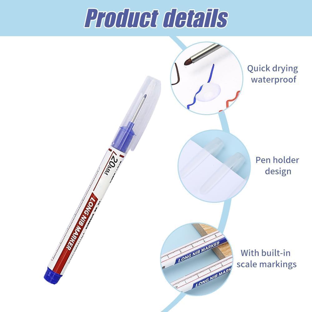 5PCS Long Head Deep Hole Marker Pens, 20mm Deep Reach Markers, Long Nose Marker, Waterproof Construction Markers Marking Tool, Permanent Markers Carpenter Ink Marker Pens, Metal Marking Pen (Blue)