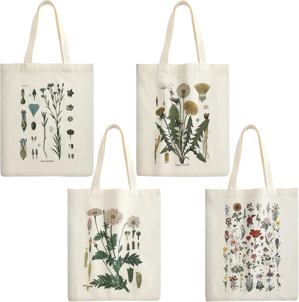 4 Pieces Floral Canvas Tote Bag for Women Flower Reusable Grocery Shopping Bag Aesthetic for Christmas Gift