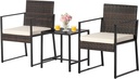 HAPPYGRILL 3 Piece Patio Furniture Set Outdoor Rattan Wicker Conversation Set, Bistro Chairs with Tempered Glass Coffee Table & Soft Cushions Set for Backyard Garden Poolside