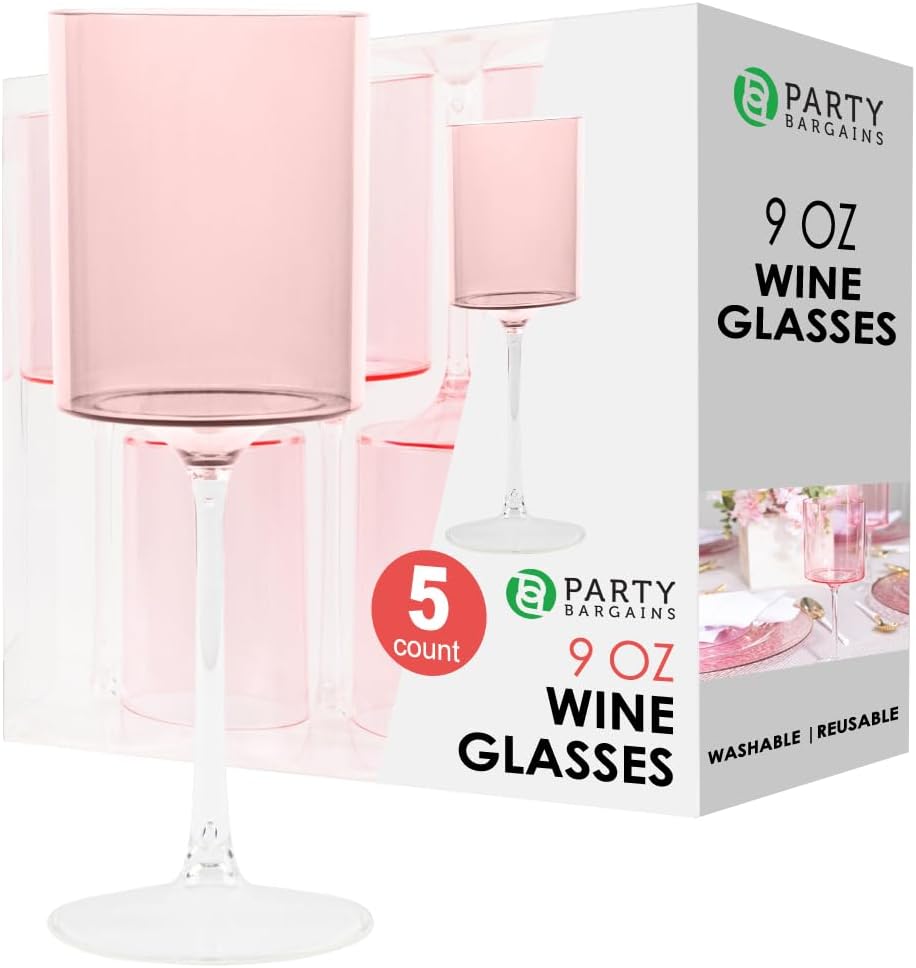 PARTY BARGAINS 9 oz. Two-Tone Shatterproof Plastic Wine Glasses, Pink & Clear, 5 Pack, Heavy Duty Plastic Goblets, Decorative Drinking Glassware for Parties, Weddings, Events