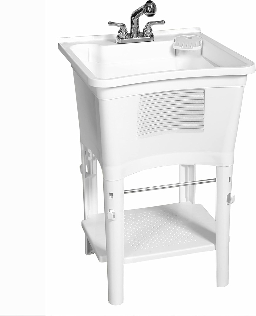 Zenna Home Utility Sink for Laundry Room and Garage, Freestanding Laundry Sink for Garage or Kitchen, Indoor & Outdoor Utility Tub with Pull-Out Faucet, Towel Bar, 24" W x 24" D x 36.75" H, White