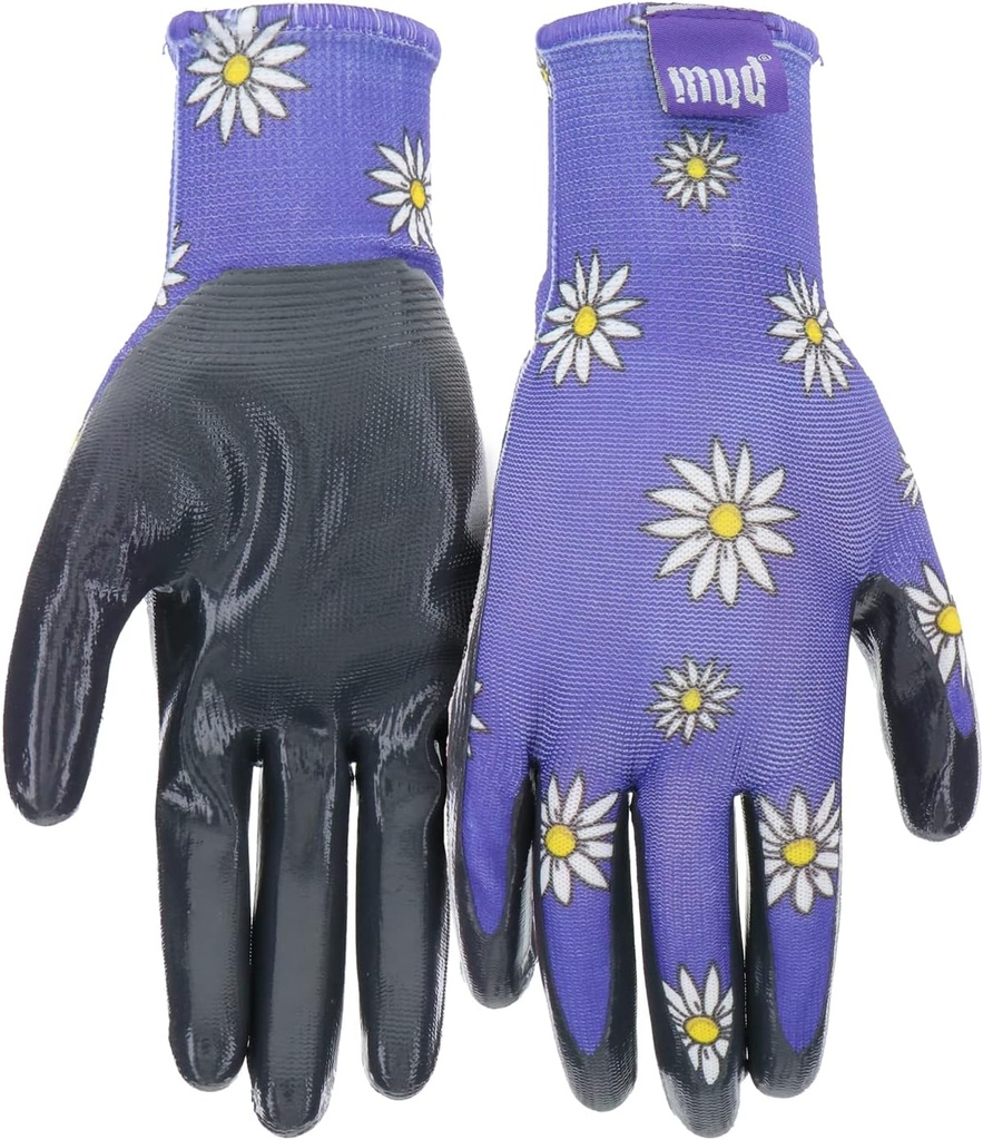 MUD Grip Women's Daisy Printed Polyester Shell and Flat Nitrile Coated Palm Gardening Gloves,
