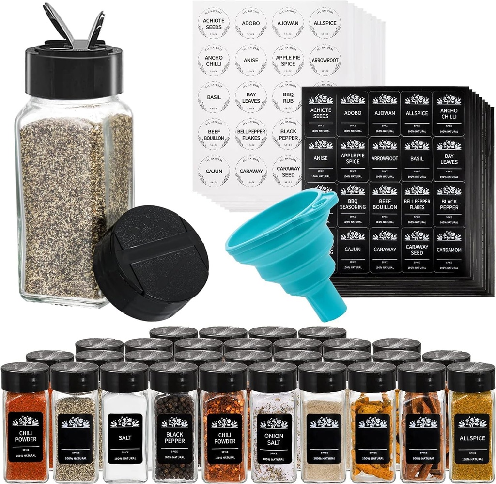 Tebery 30 Pack Glass Spice Jars Square Glass Bottles with Black Caps, 4oz Empty Spice Containers Shakers Complete Organizer Set Includes Wide Funnel and Labels