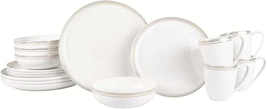 Everyday White by Fitz and Floyd Nevaeh Bone China Coupe Gold Bands Dinnerware Set, Service for 4