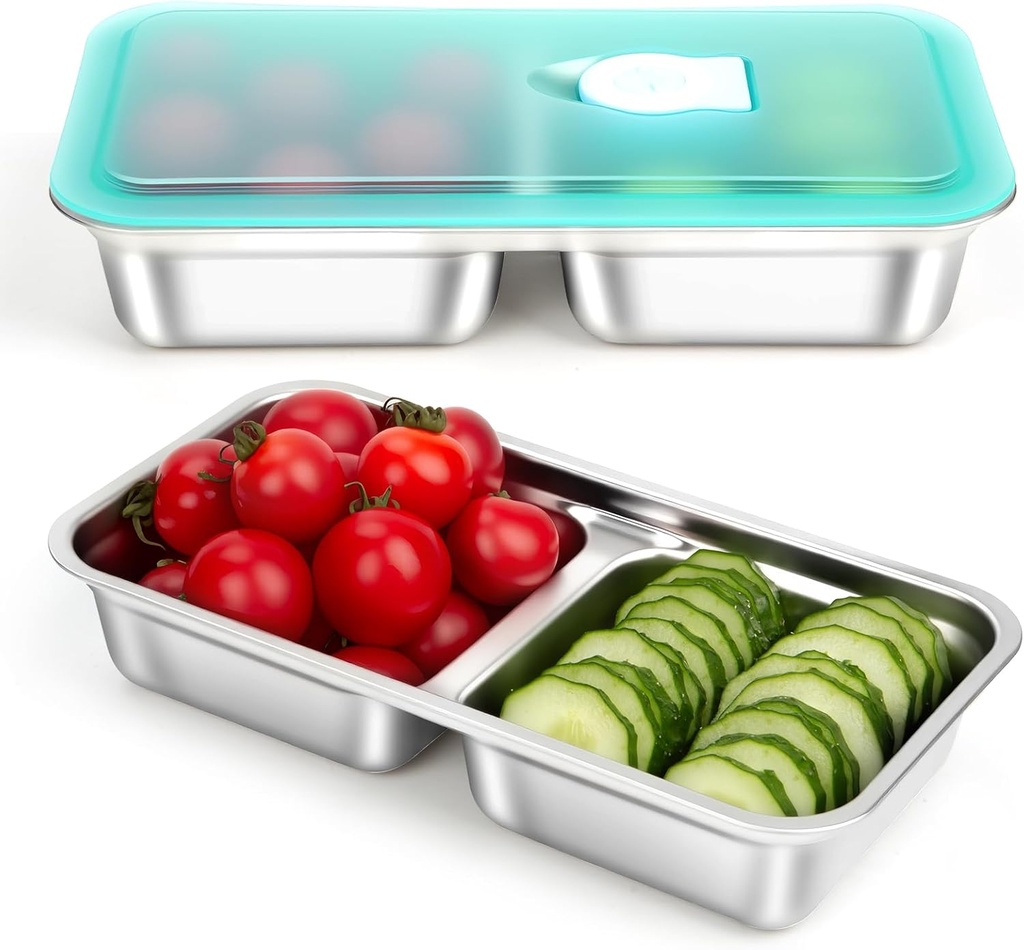 Stainless Steel Snack Containers, Reusable Snack Containers with Lids Stainless Steel Lunch Box with 2 Compartment Divided Food Storage for Home Work Travel Outdoor Camping (2 Pack)