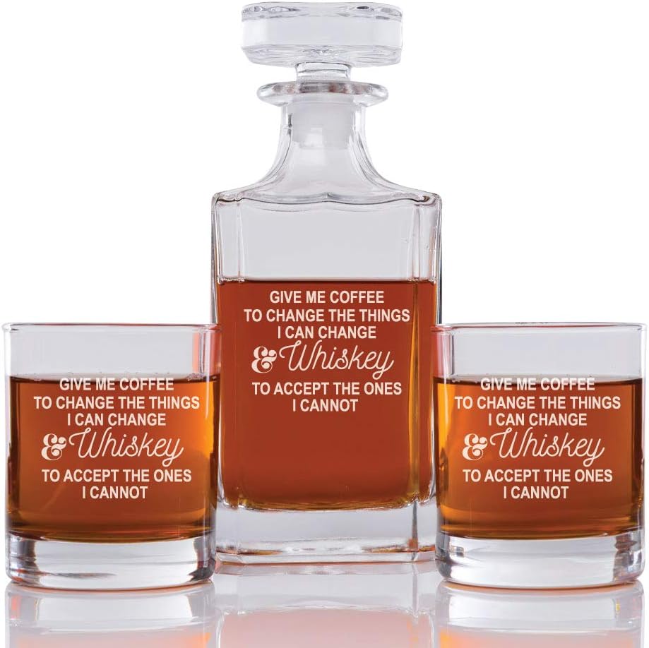 Abby Smith Give Me Coffee To The Things I Can Change & Whiskey To The Ones I Cannot Engraved Decanter and Rock Glasses, Set of 3