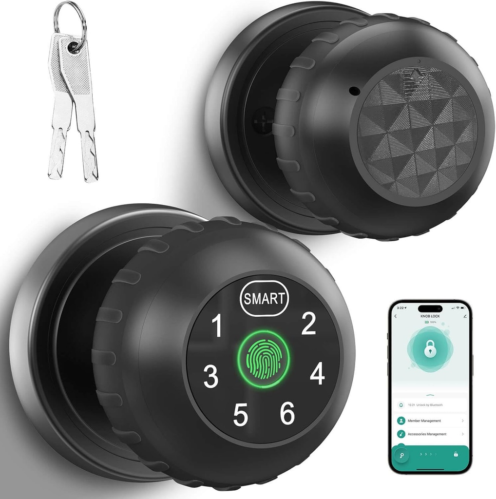 Onemake Smart Door Knob Lock Fingerprint Door Lock with Keypad, Biometric Door Knob with APP, Keyless Entry Door Lock with Handle for Home Office Hotel Apartment Garage(Matte Black)