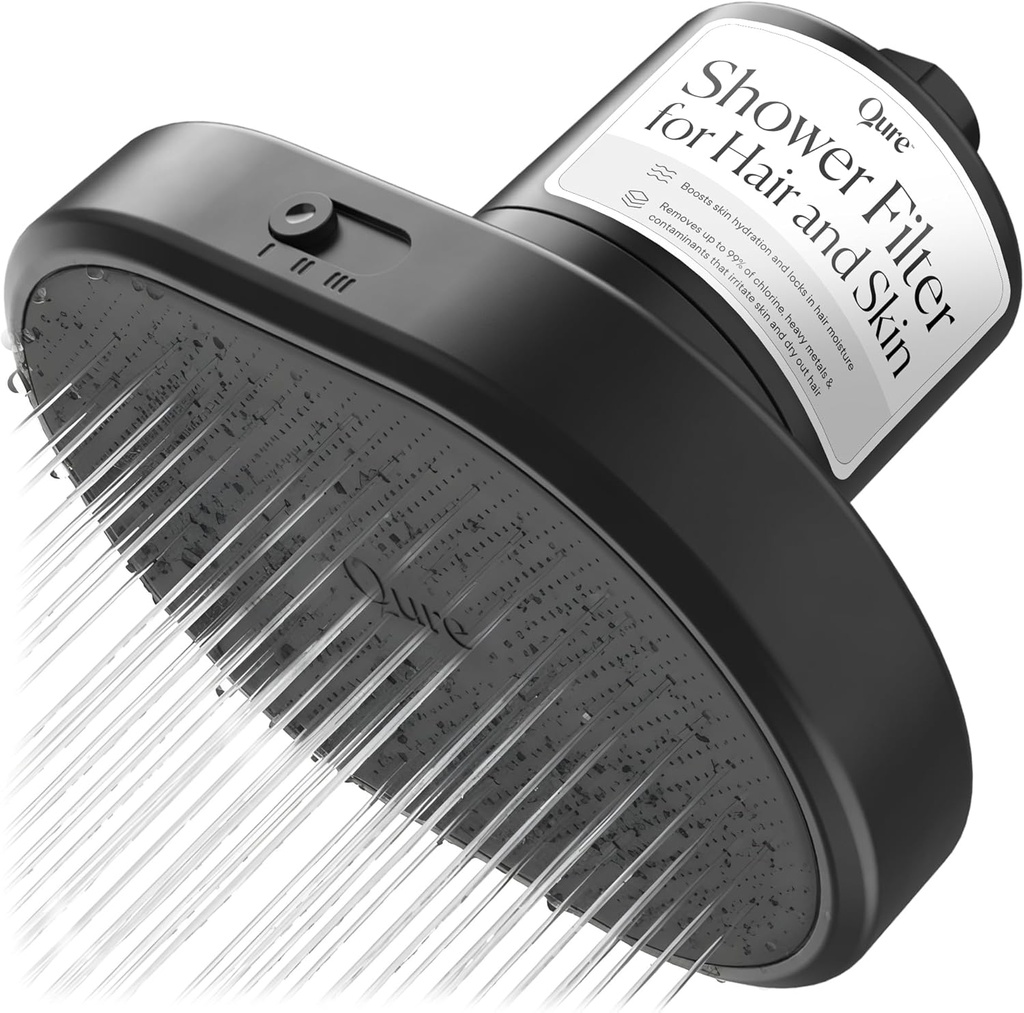 Qure Skincare Filtered Shower Head with Water Filter for Hair and Skin Hydration in 8 Weeks, Removes 99% Chlorine & Heavy Metals, Improve your Beauty Routine - Black