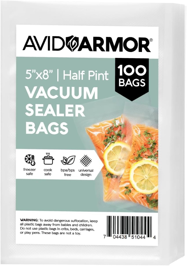 Avid Armor Small Pint Size Vacuum Sealer Bags, Vac Seal Bags for Food Storage, Meal Saver Freezer Vacuum Sealer Bags, Sous Vide Bags Vacuum Sealer, Non-BPA, 5 x 8 inches, Pack of 100
