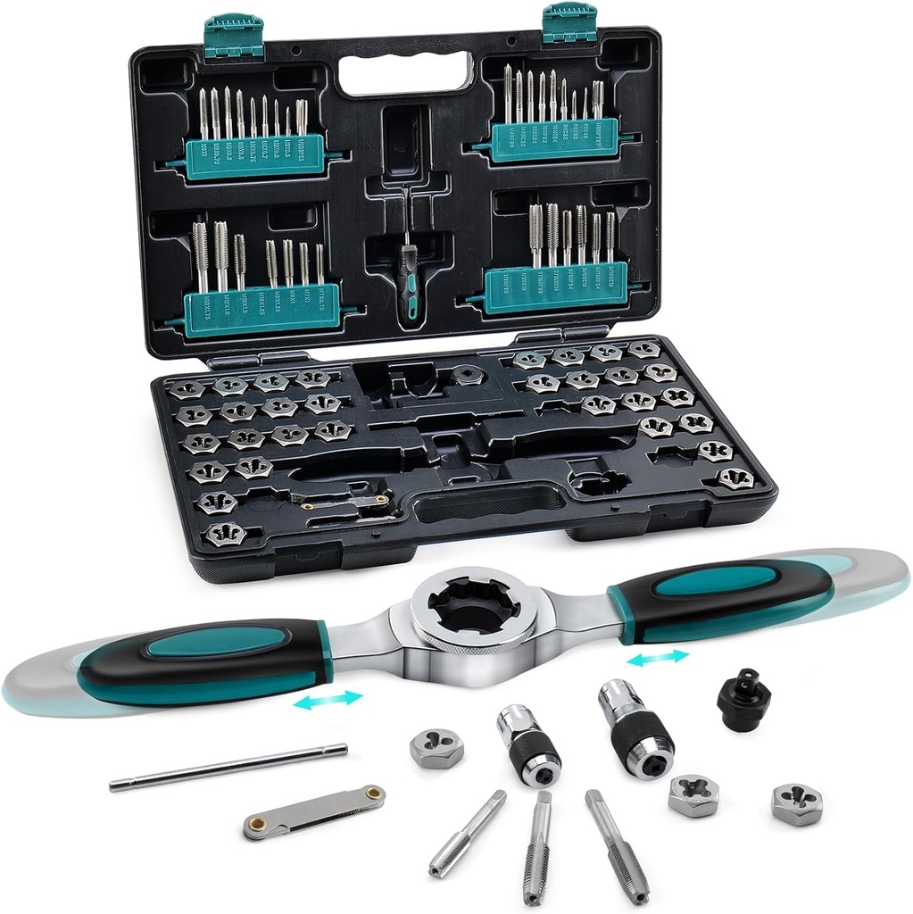 76-Piece SAE/Metric Tap and Die Set with Extendable Ratcheting Tap Handle, Rethreading Tool Kit for Internal and External Threading