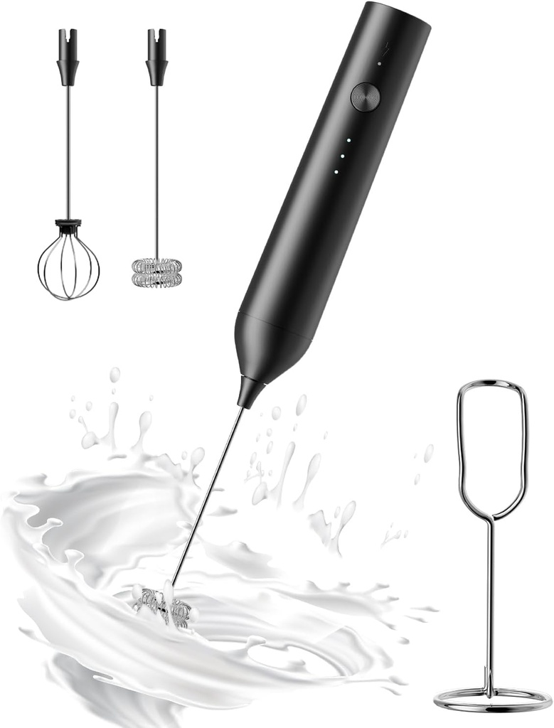 Rechargeable Milk Frother with Stand, Electric Frother Wand Handheld Coffee Foam Maker Detachable Stainless Steel Whisk Drink Mixer Foamer for Latte, Cappuccino, Hot Chocolate, Egg (Black)