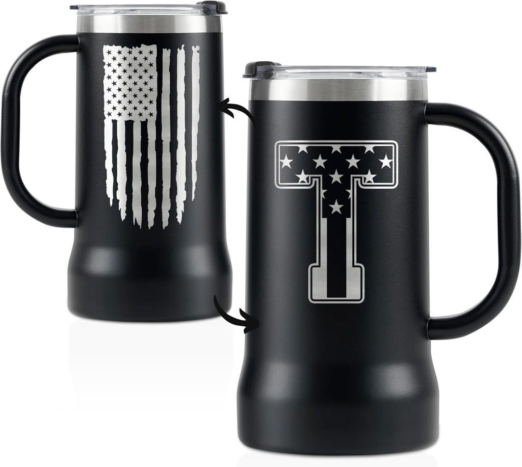 Onebttl Personalized Beer Stein, Beer Mug with Handle - Gifts for Beer Lovers, Men Who Have Everything on Birthday, Christmas - Customized Patriotic US Flag Gifts, Monogram 24 oz Cup, T
