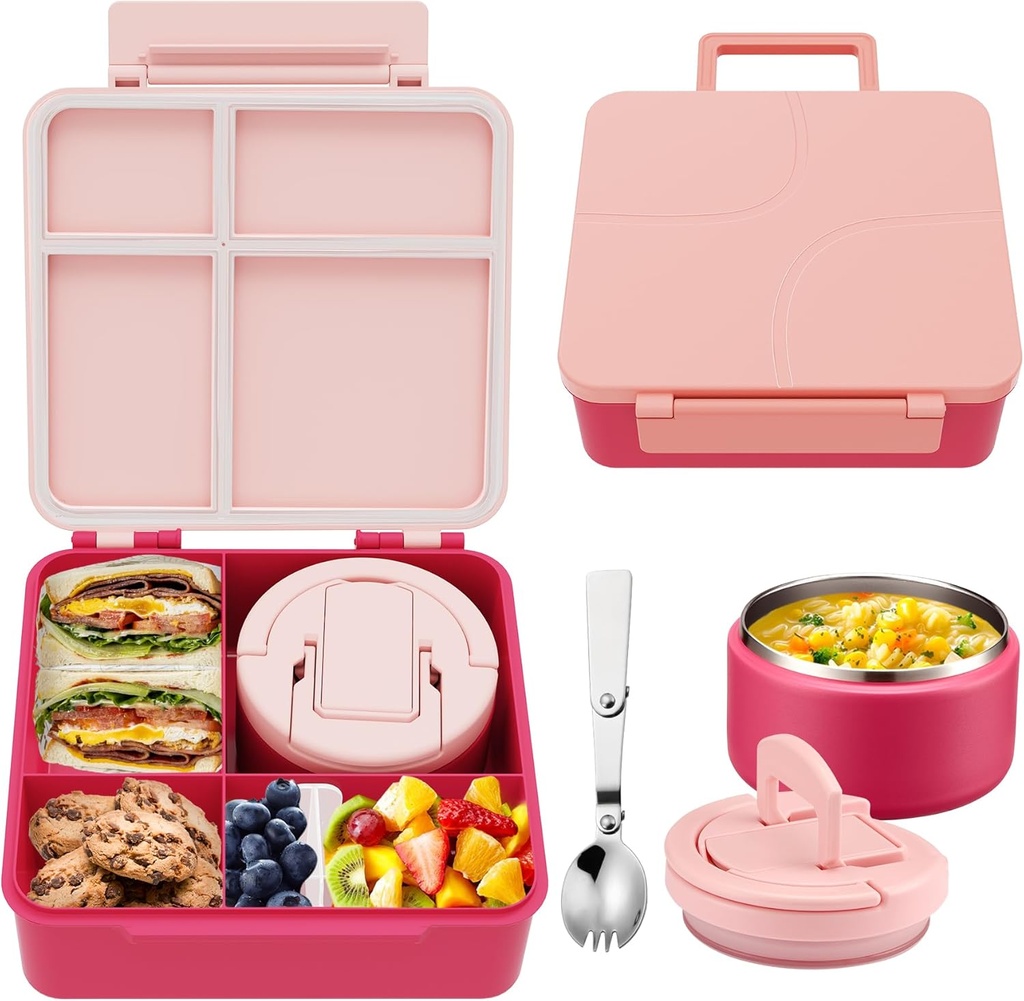 MAXSO Bento Lunch Box Set for Kids with 8 oz Soup Thermo, Leakproof Hot Food Container with 4 Compartments, Insulated Food Jar for Toddler Daycare Boys Girls School - Pink
