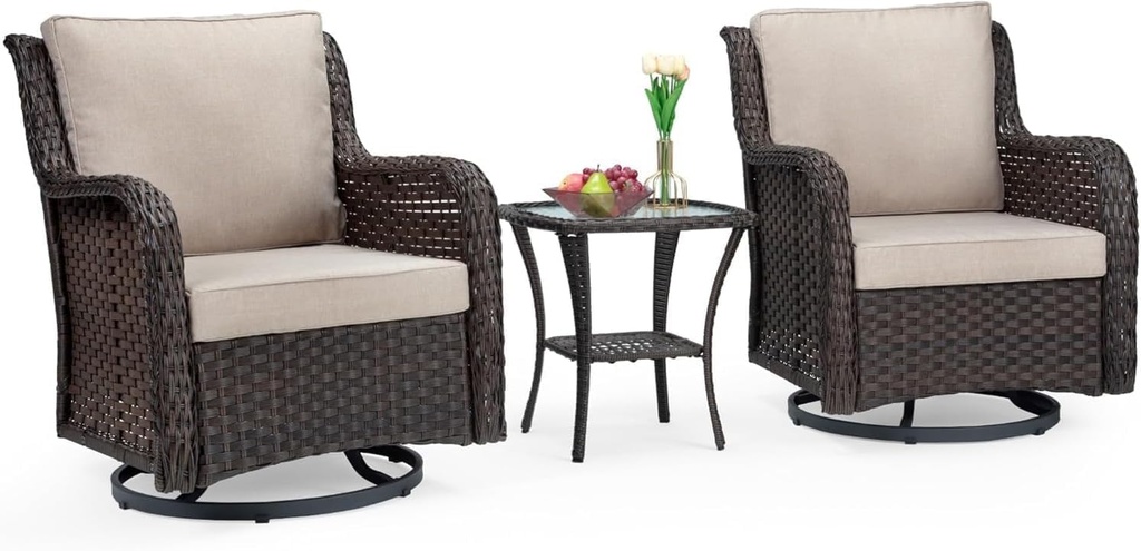 GarveeHome 3-Piece Outdoor Wicker Rattan Swivel Rocking Chair Set with Armored Glass Side Table & Premium Cushions - 360° Swivel Patio Furniture for Backyard, Porch, Deck, Balcony, Garden, Brown